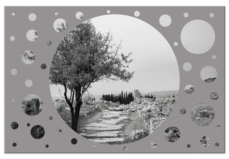 Canvas Round view of the world - a road with trees in shades of gray