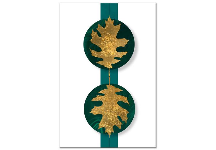 Canvas Golden leaves - a botanical motif on an emerald, geometric background