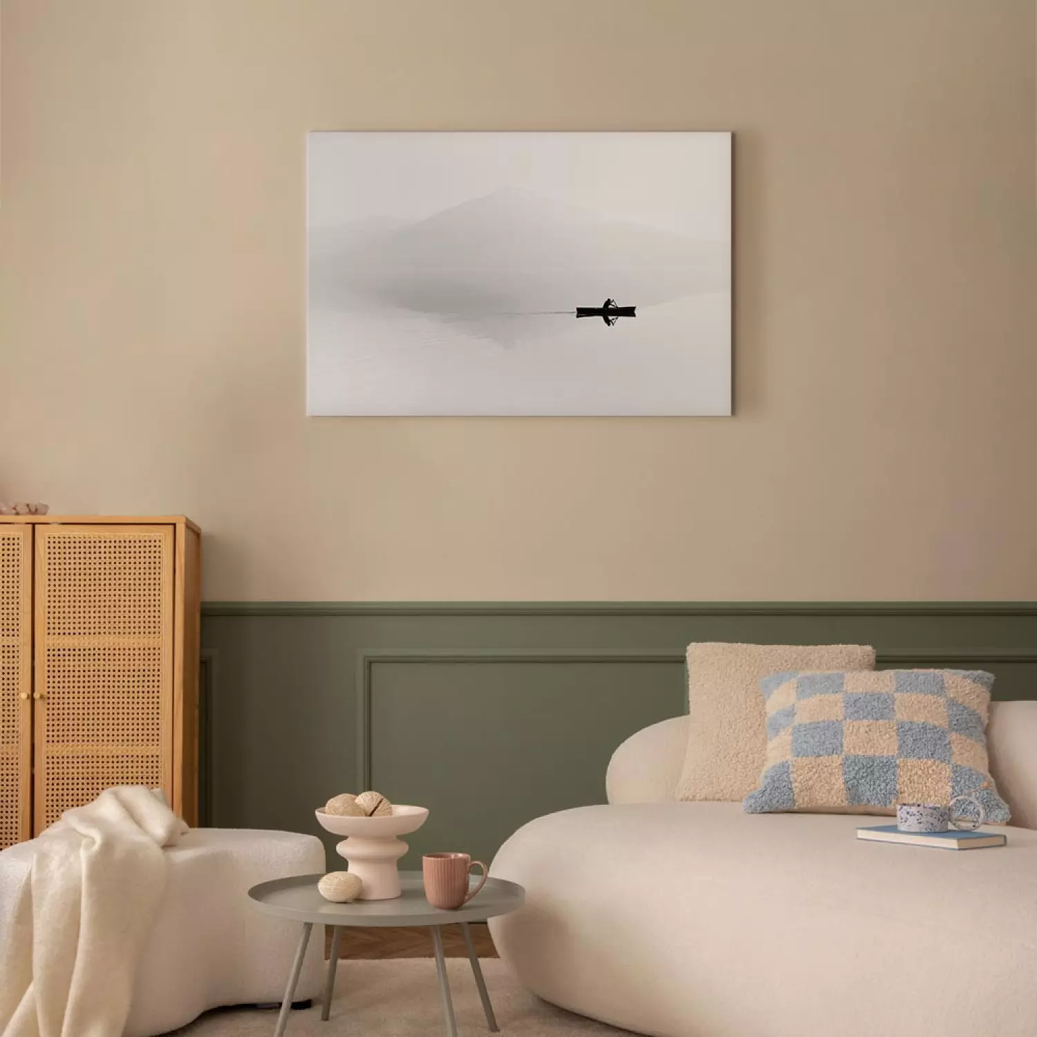 Canvas Art Print Outline of Mountains in Mist - Boat Against White Landscape