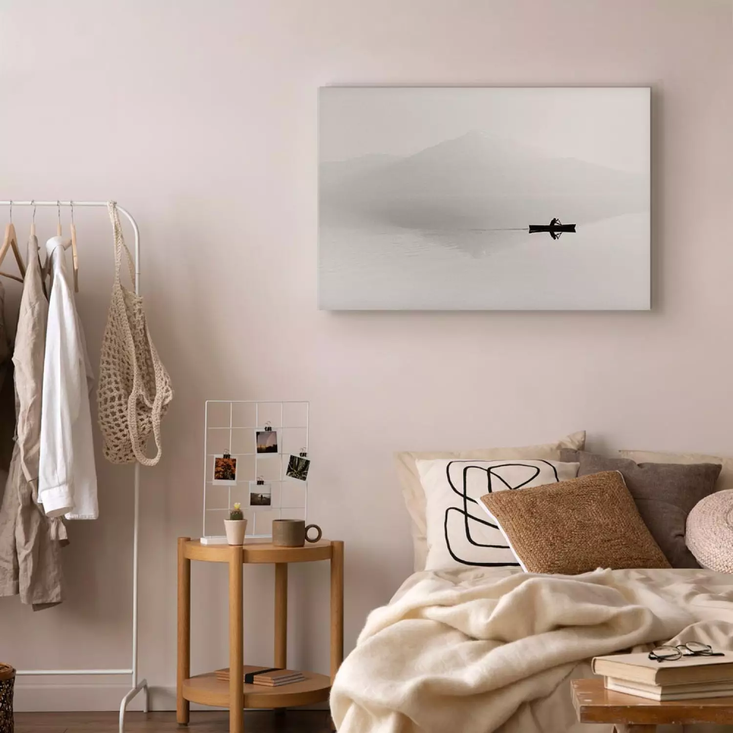 Canvas Art Print Outline of Mountains in Mist - Boat Against White Landscape