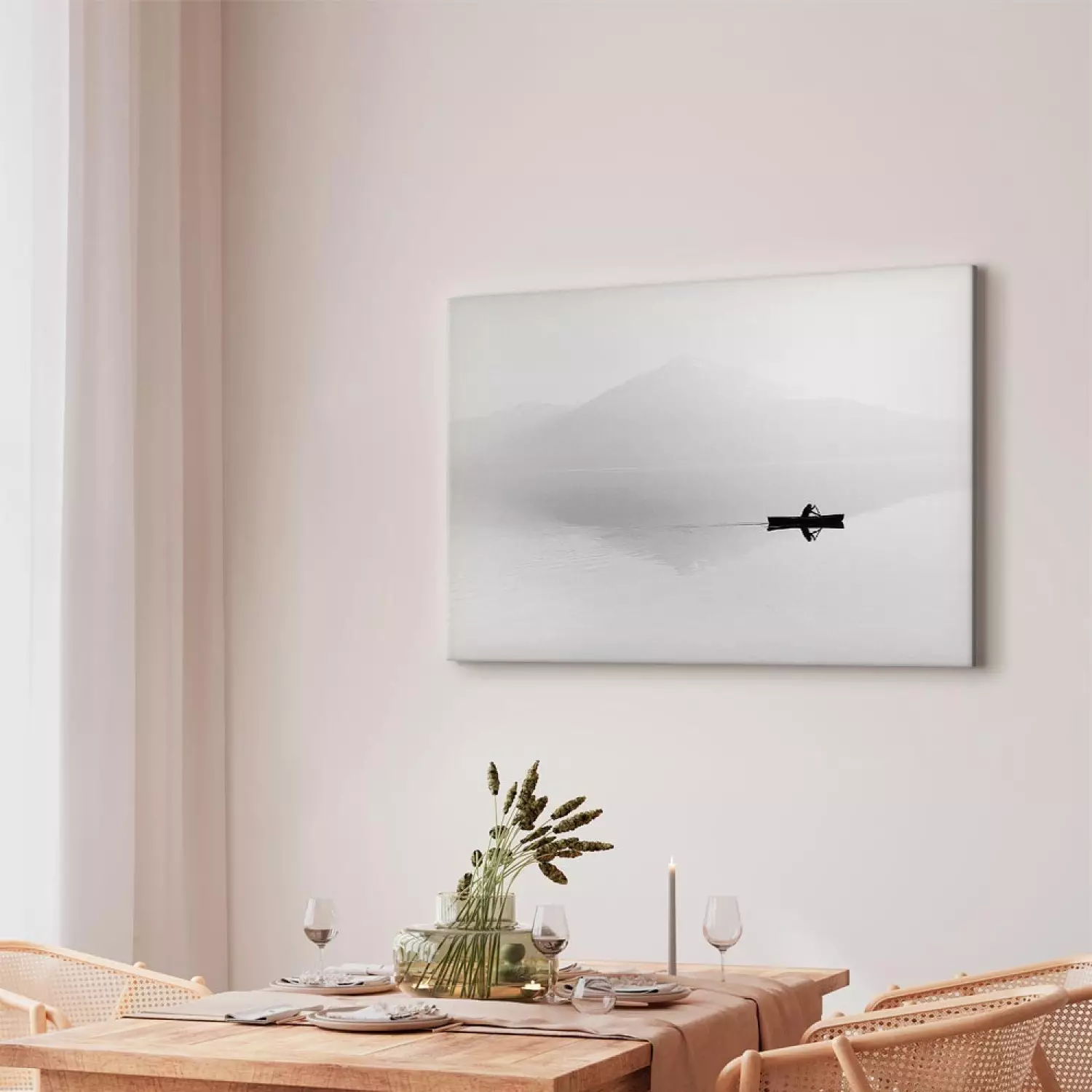 Canvas Art Print Outline of Mountains in Mist - Boat Against White Landscape