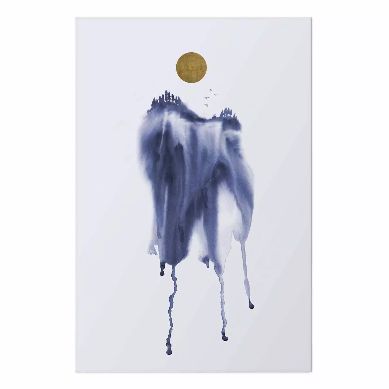Poster Watercolor Abstraction - winter composition with a forest landscape and sun