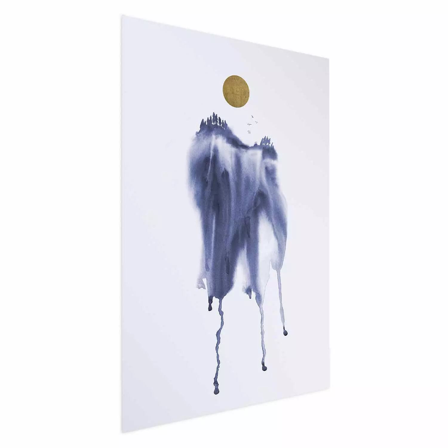 Poster Watercolor Abstraction - winter composition with a forest landscape and sun