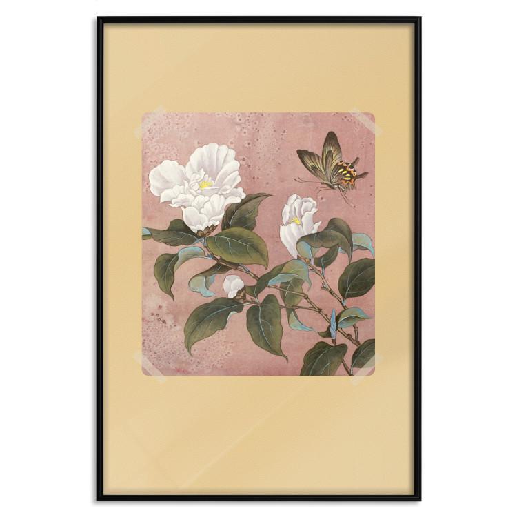 Poster Azalea Flower - white petals among green leaves and a colorful butterfly