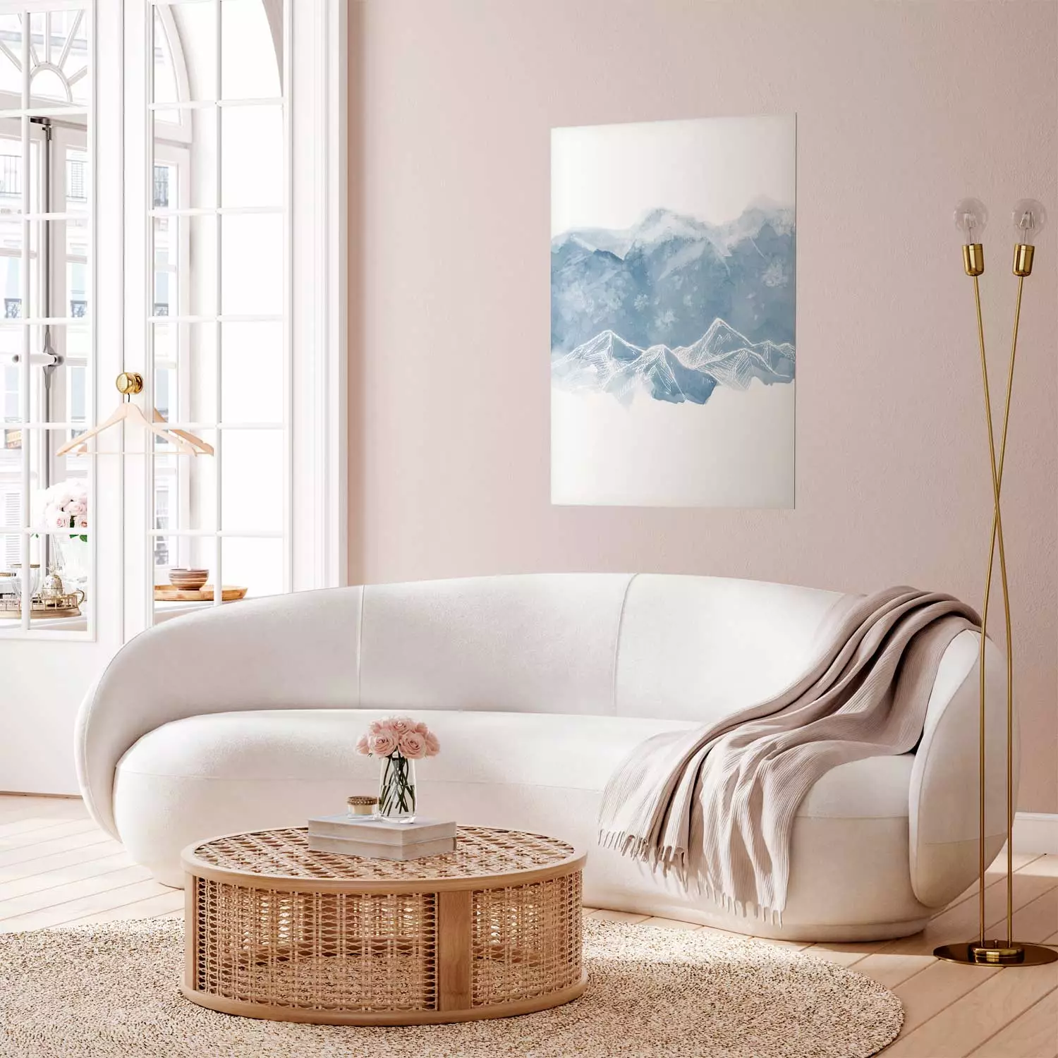 Wall Poster Icy Land - winter landscape of snowy mountains on a uniform background