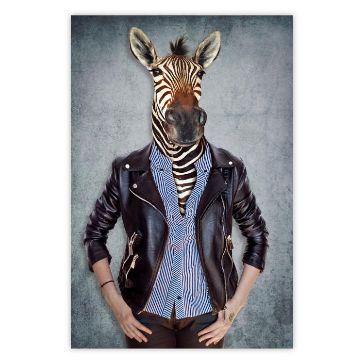Poster Zebra Eva - portrait of a woman with the head of an animal on a gray-green background