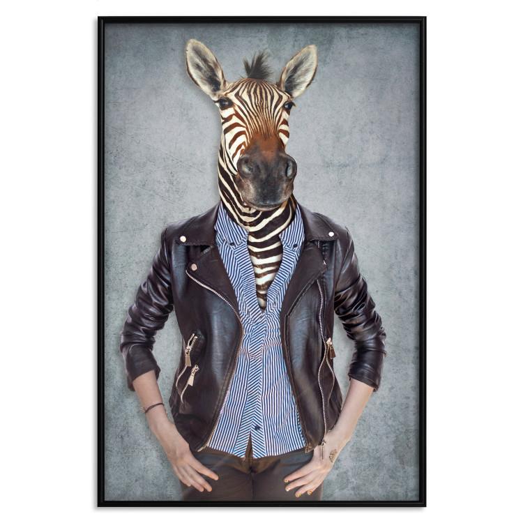 Poster Zebra Eva - portrait of a woman with the head of an animal on a gray-green background