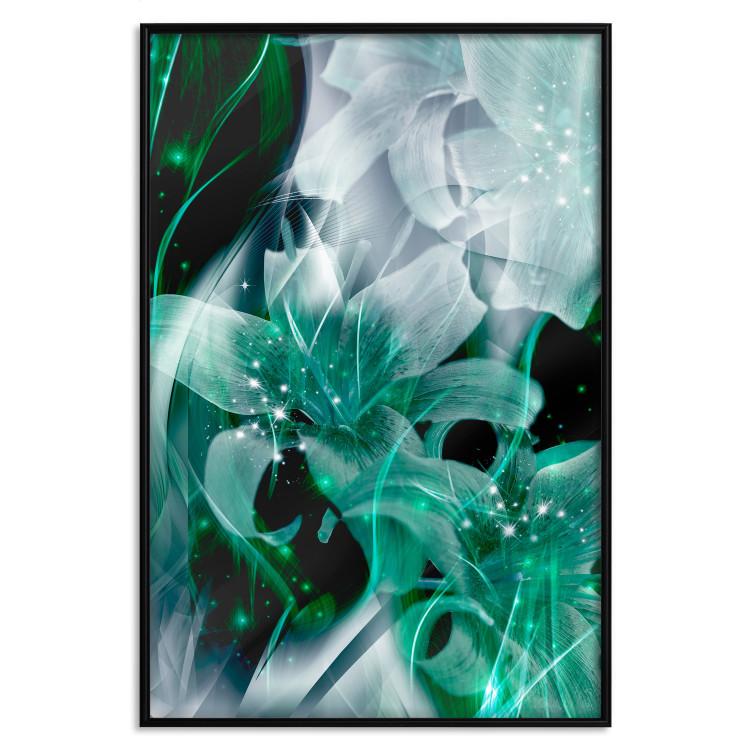 Poster Enchanted Lilies - green-filled abstraction into shiny flowers
