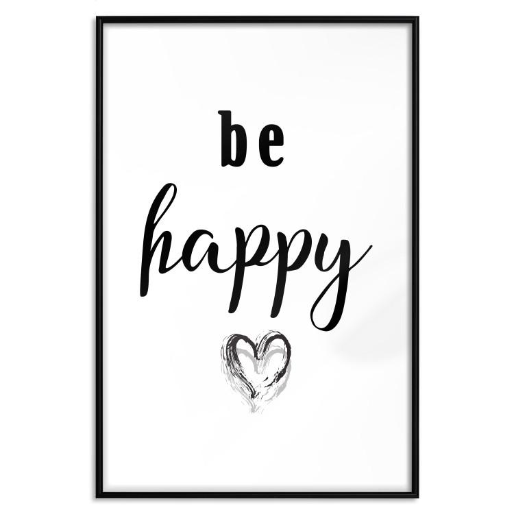 Poster Be Happy - black and white composition with English inscriptions and a heart
