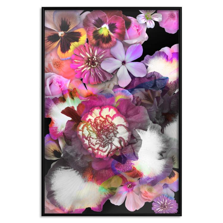 Poster Harmony of Colors - composition with various colorful flowers on a black background