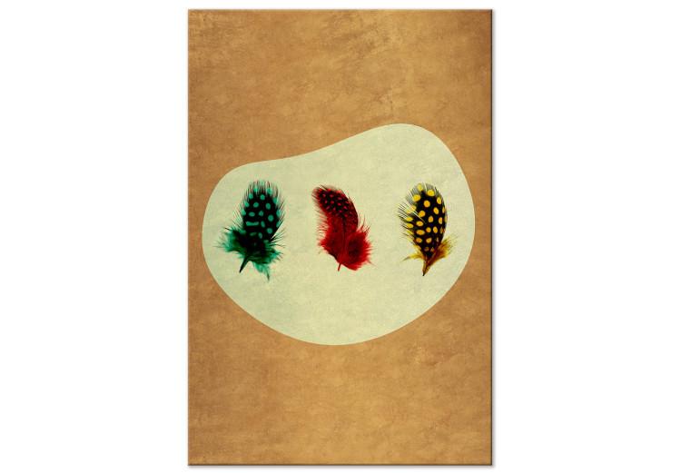 Canvas Three colorful feathers - an element of nature in vintage style
