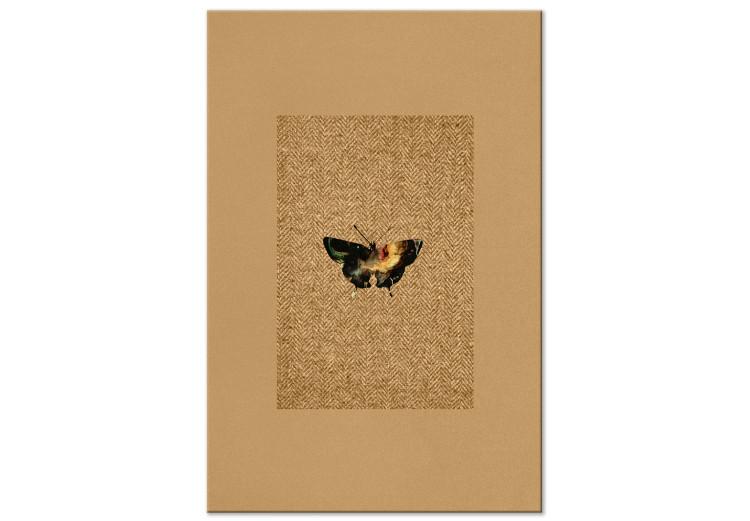 Canvas Butterfly with a clarera - black and yellow butterfly on a natural herringbone material in a brown frame