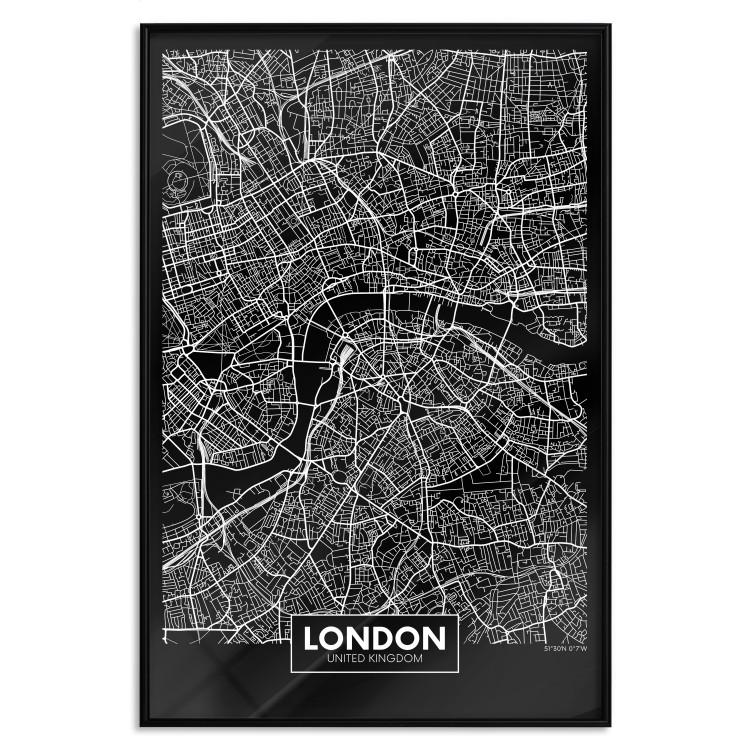 Poster Dark Map of London - black and white composition with English inscriptions