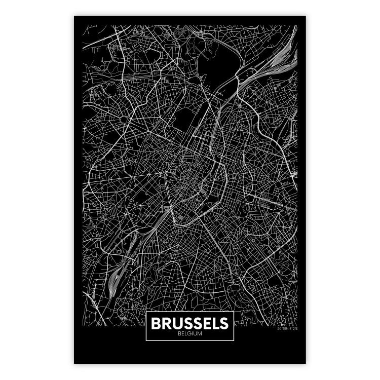 Poster Dark Map of Brussels - black and white composition with English inscriptions
