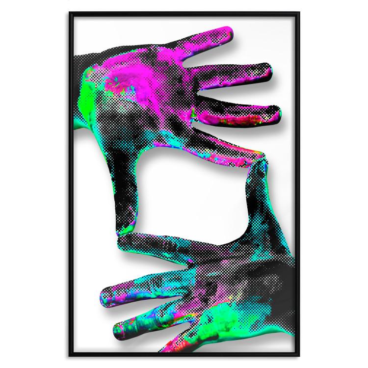 Poster Colorful Frame - abstraction with two hands on a uniformly white background