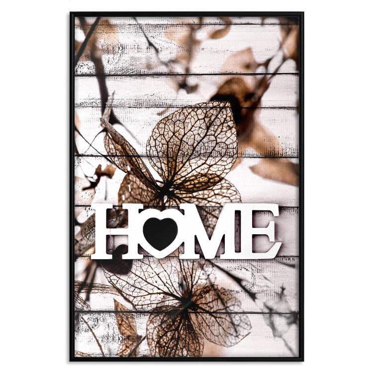 Poster Living Home - autumn composition with a white inscription and flowers in the background