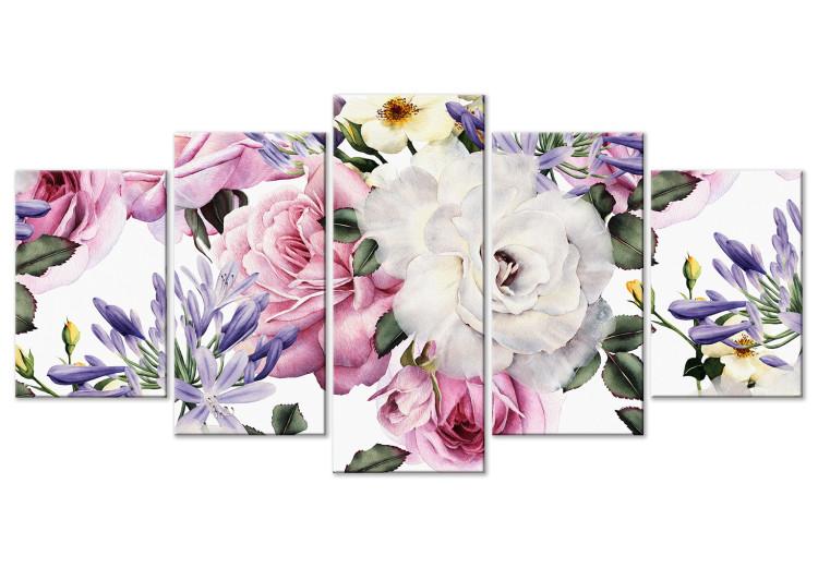 Canvas Girly roses - colourful, pastel flowers and leaves on a white
