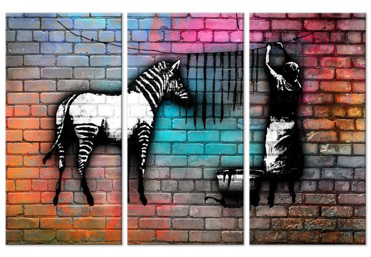 Canvas Zebra washing - street art graphics on an abstract, colorful brick