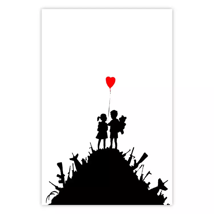 Poster Battlefield - black and white composition with a pair of children and a heart-shaped balloon