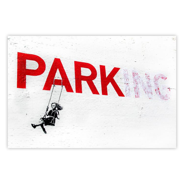 Poster Park-ing - Banksy-style mural with a girl on a swing and text