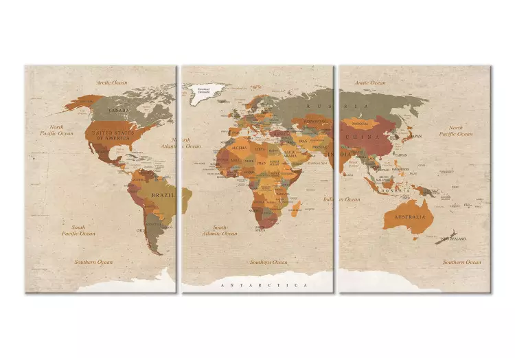 Canvas World Map: Beige Chic (3 Parts)