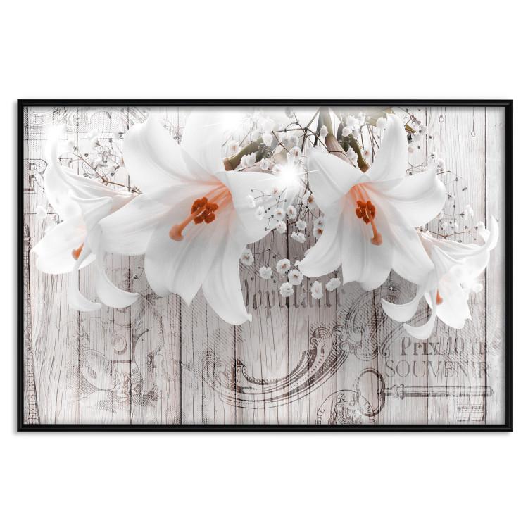 Poster Lily World - white lily flower on wooden background with retro inscriptions