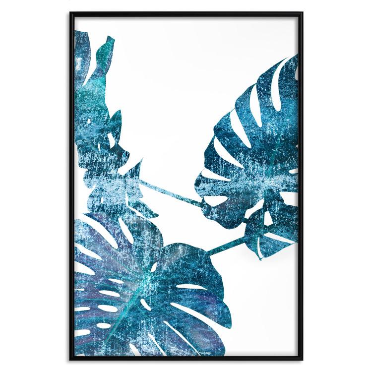 Poster Emerald Monstera - abstract blue leaves on a white background