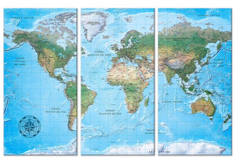 Canvas World Map in Blue (3-part) - Continent Labels in Italian