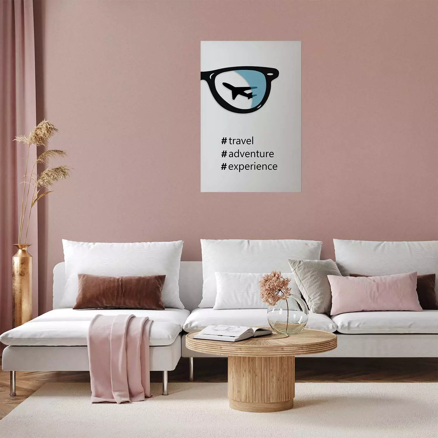 Poster New Experiences - airplane in a spectacle lens with black inscriptions