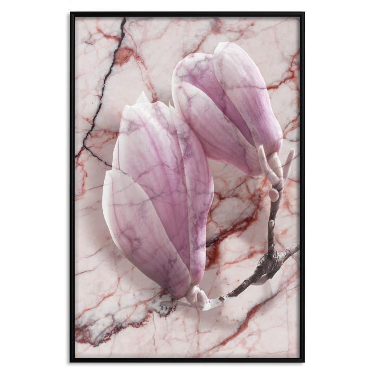 Poster Marble Magnolia - pink flowers on a background of white marble texture