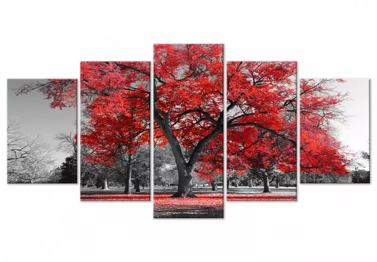 Canvas Autumn in the Park (5 Parts) Wide Red
