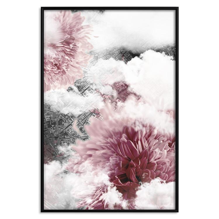 Poster Flowers in the Clouds - pink flowers amidst clouds against the backdrop of a city map