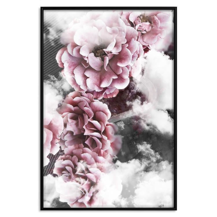 Poster Subtlety - pink flowers amidst clouds against the backdrop of city architecture