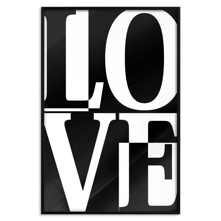 Poster Black and White Love - checkerboard pattern with black and white text