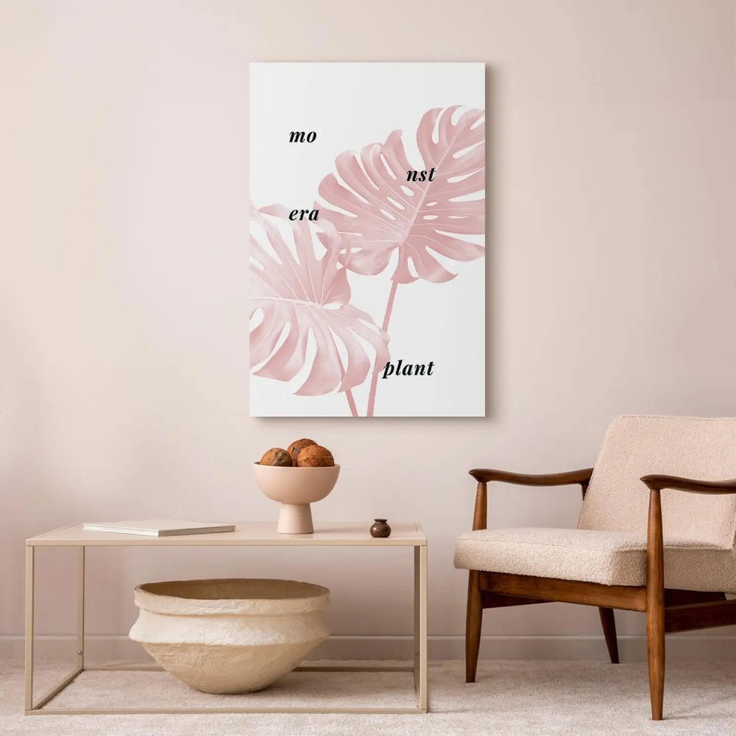 Art Work Pink monstera leaves with inscription - minimalistic botanical  motif - bimago