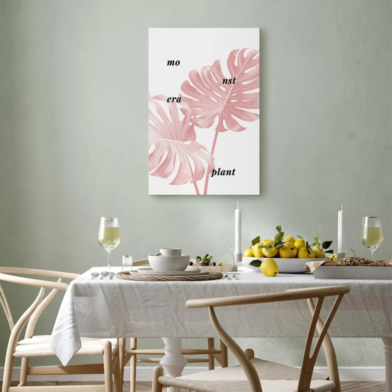 Art Work Pink monstera leaves with inscription - minimalistic botanical  motif - bimago
