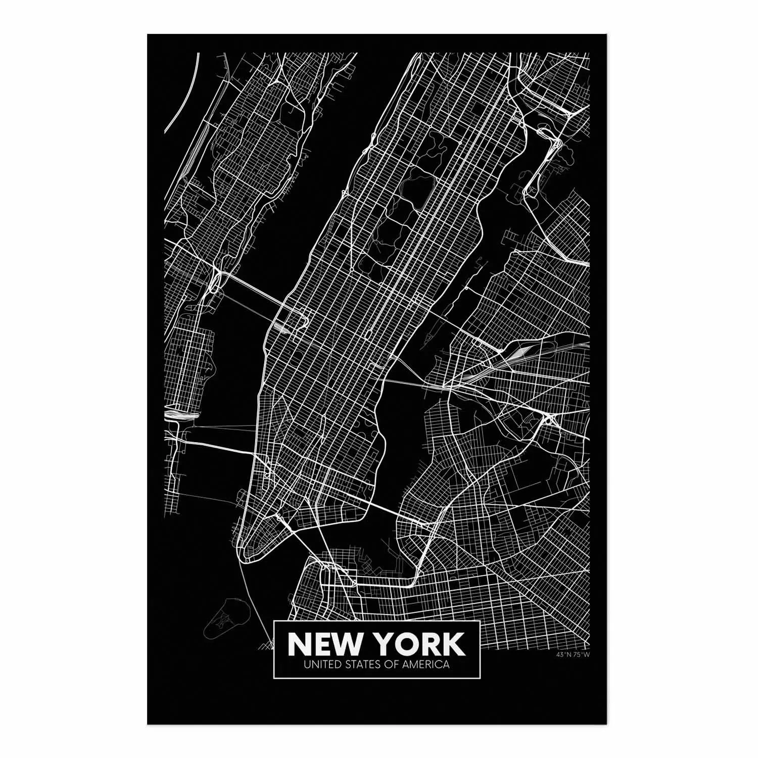 Poster Negative Map: New York - black and white city map in the USA