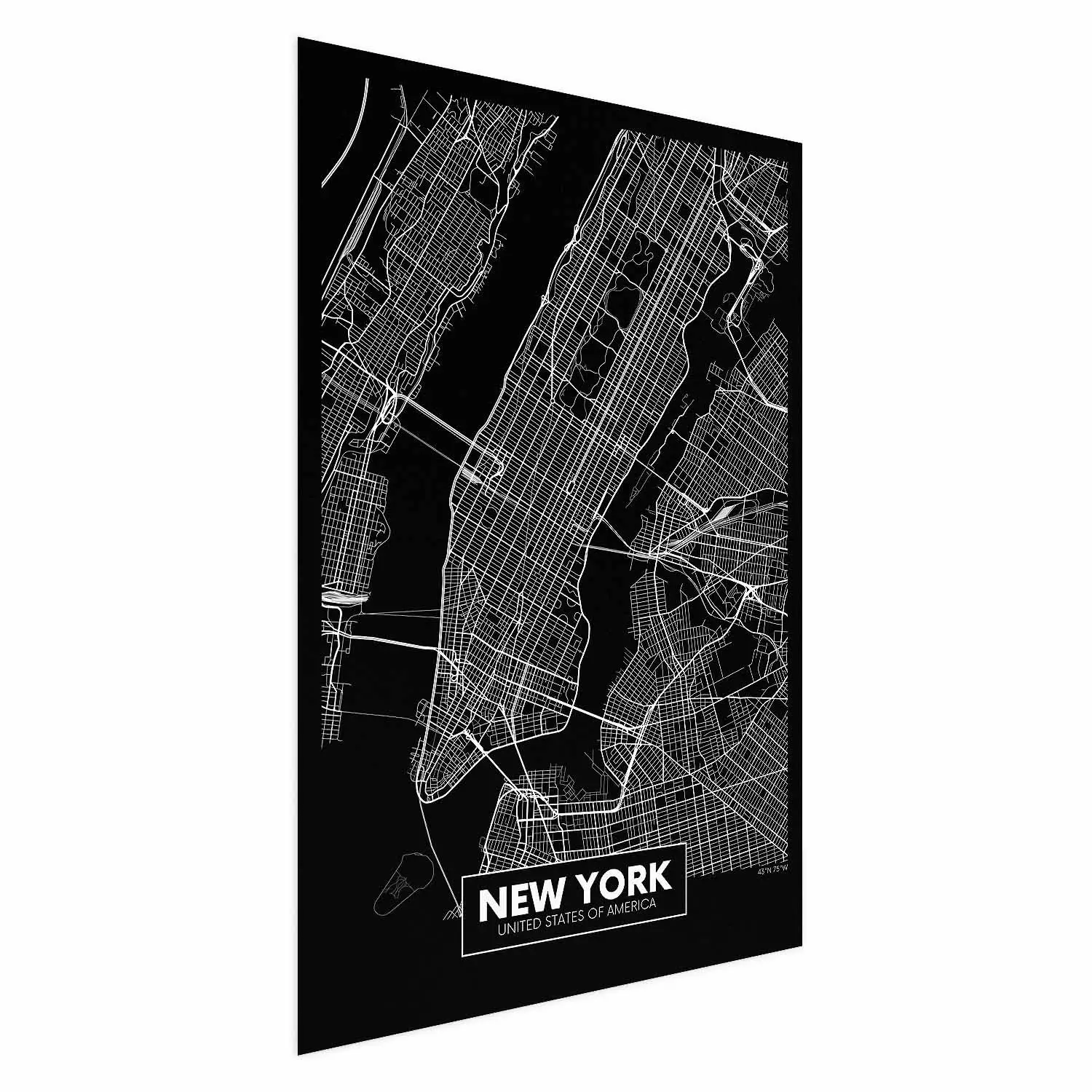 Poster Negative Map: New York - black and white city map in the USA