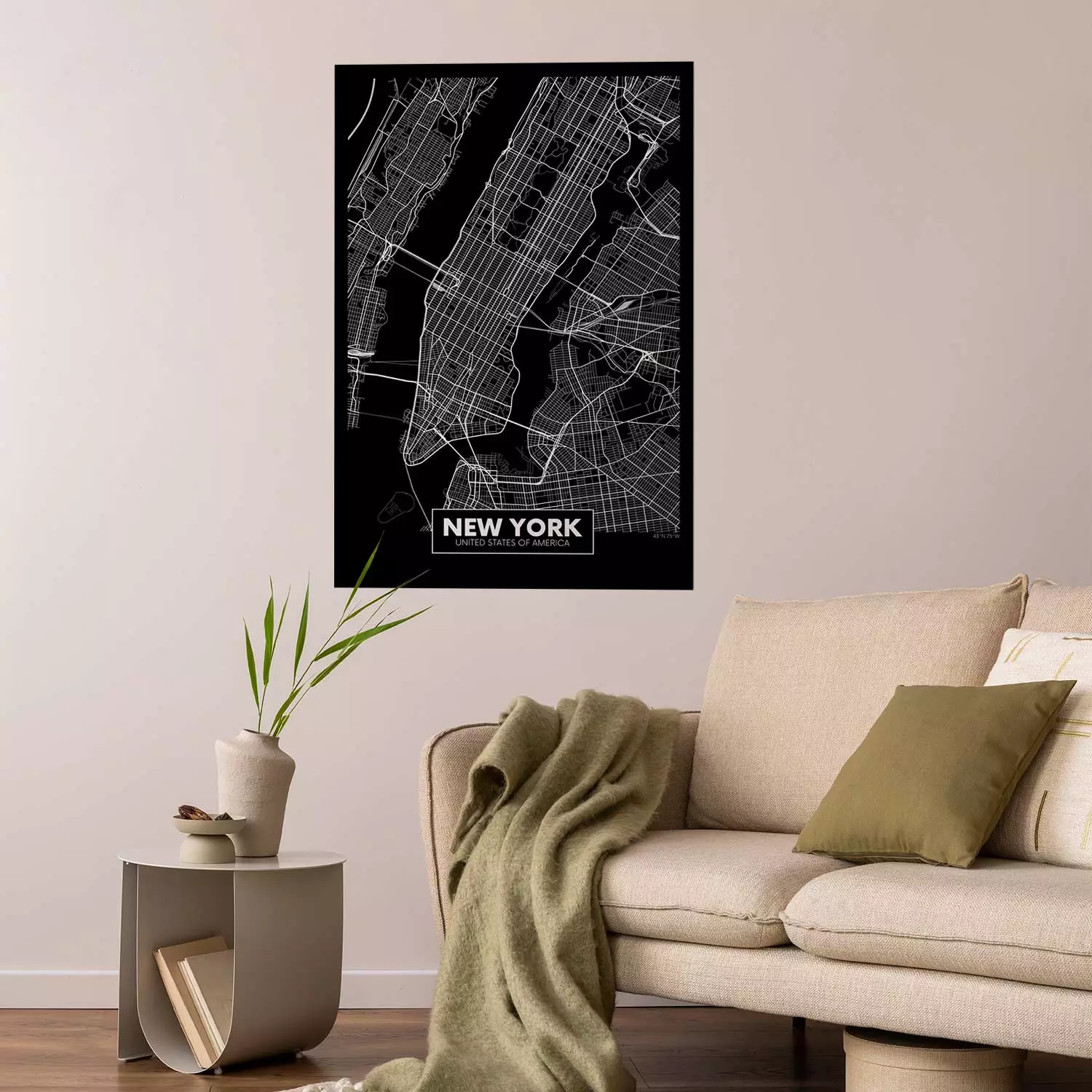 Poster Negative Map: New York - black and white city map in the USA