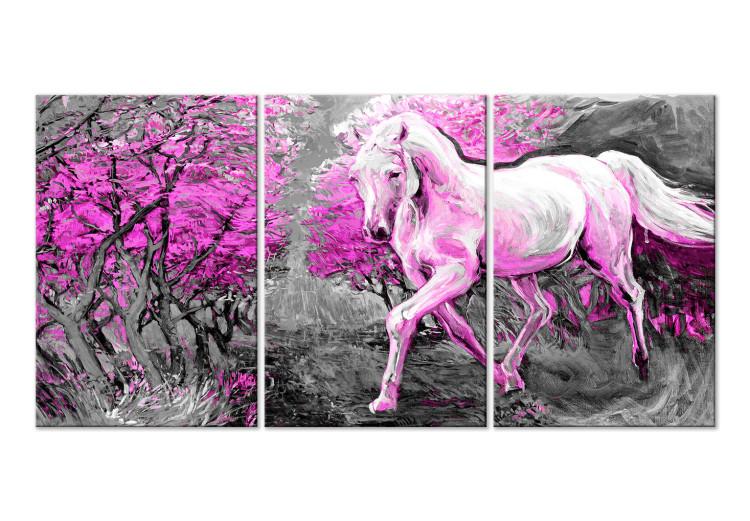 Canvas Pink horse in gallop - graphic with a running horse between the trees