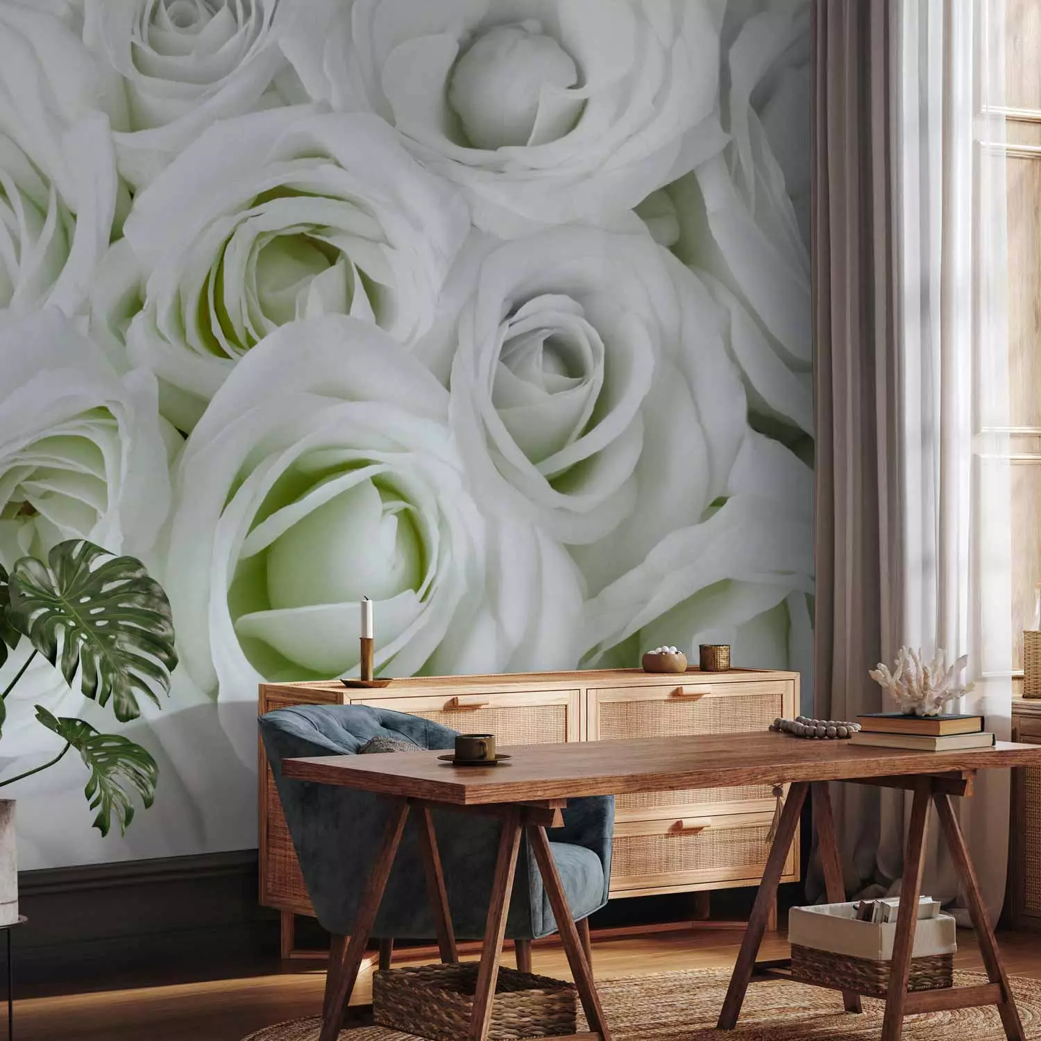 Wall Mural White roses - background filled with white flowers