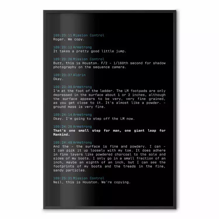 First Step - black and white text from moon exploration in space