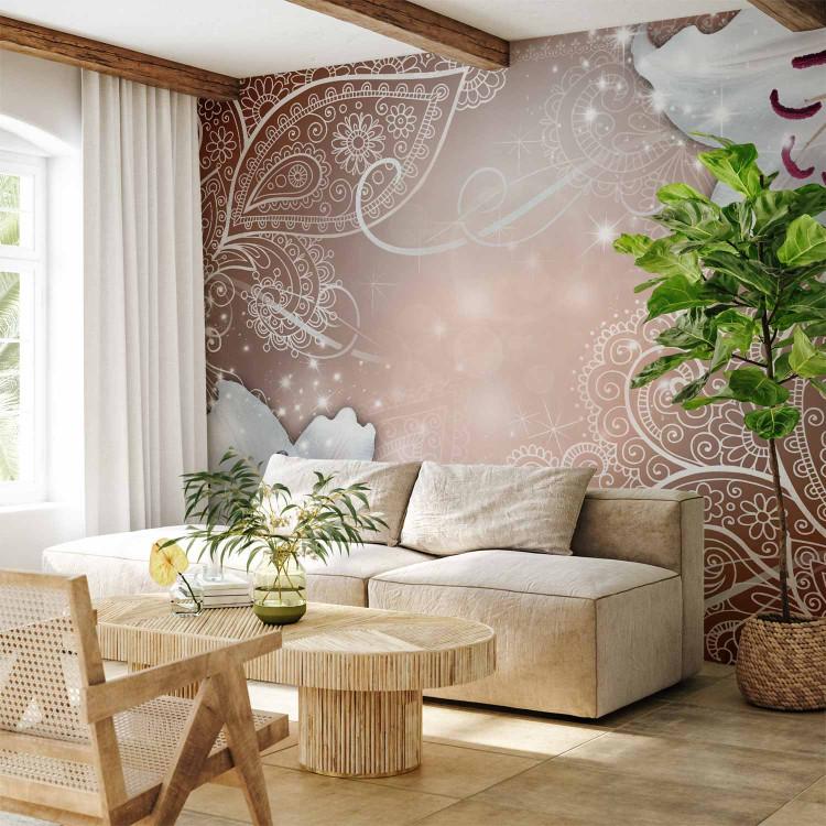 Wall Mural Flowers in oriental scenery - pink motif with lilies and an ornament