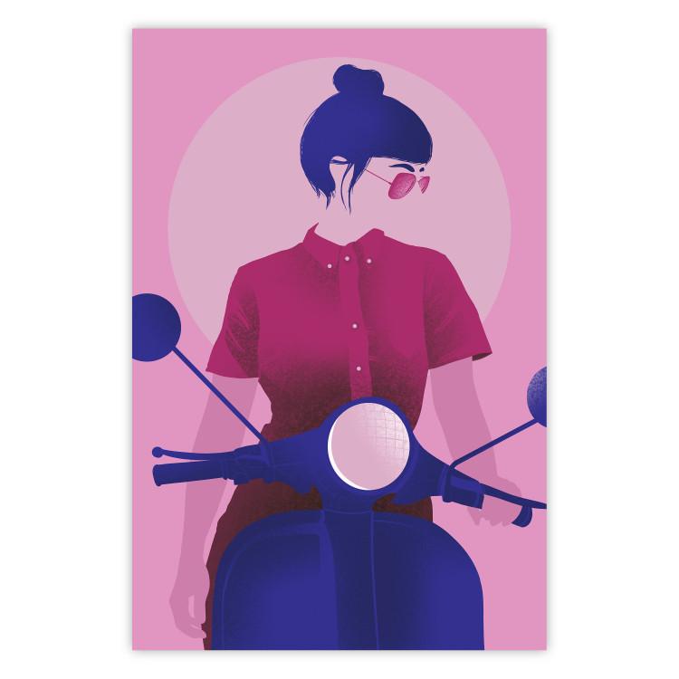 Poster Woman on Scooter - woman on a motorcycle in pastel pink color