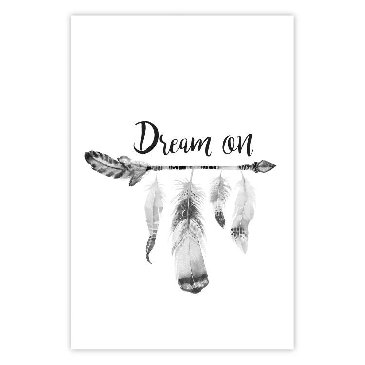 Poster Dream On - black English text above feathers hanging on an arrow
