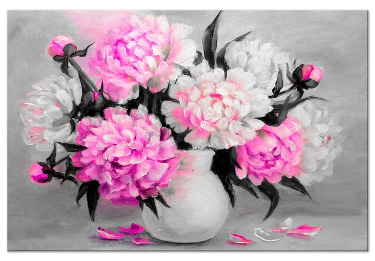 Canvas Pink peony bouquet - modern still life over grey background
