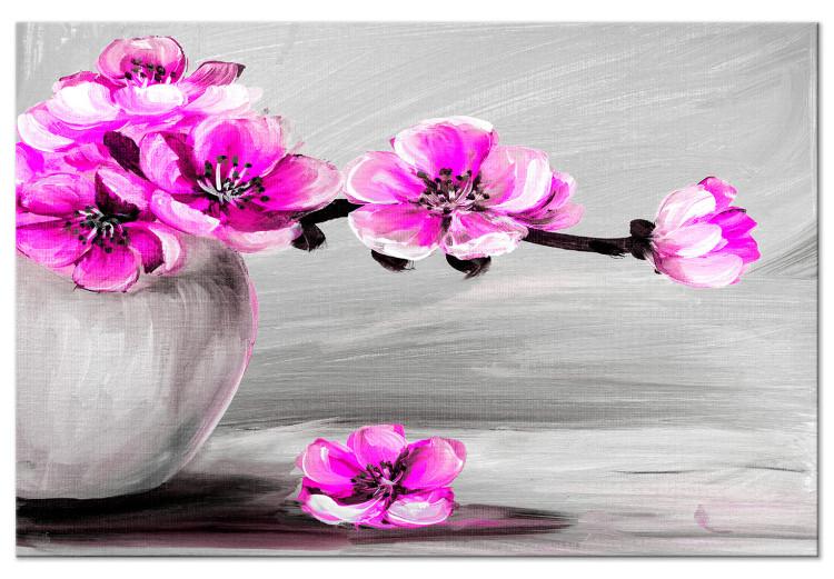 Canvas Grey vase with pink flowers - still life with magnolia branch