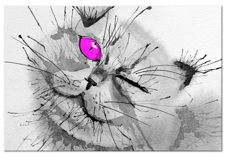 Canvas Grey cat with a pink eye - animal theme in grey colours