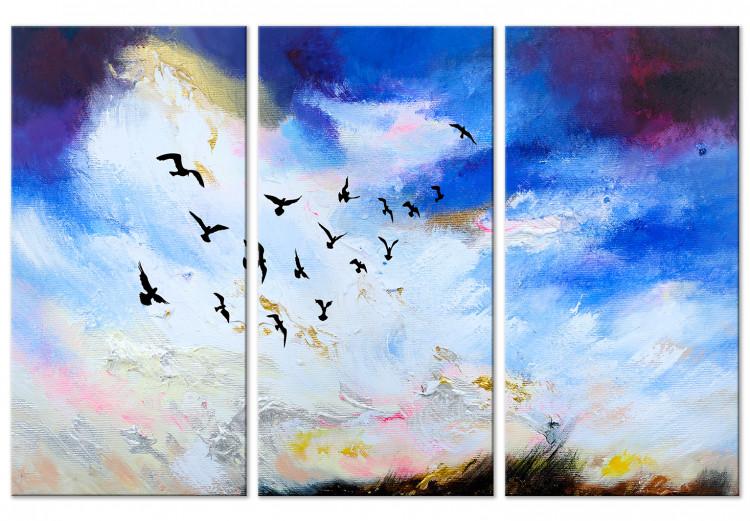 Canvas Bird flight - triptych with a sky landscape, birds and rays of the sun