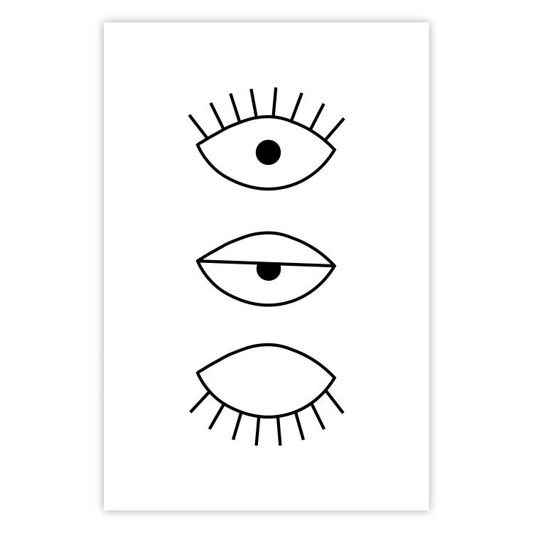 Poster In the Blink of an Eye - black and white eye in three phases in line art style